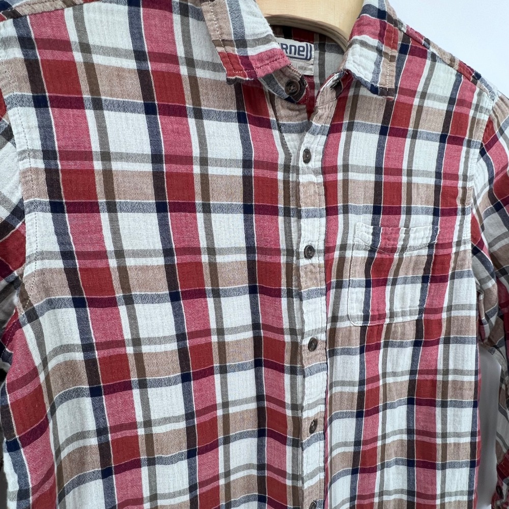 Purnell Women Large Red Plaid Button Down Shirt Long Sleeve 2-layer Cotton/Gauze